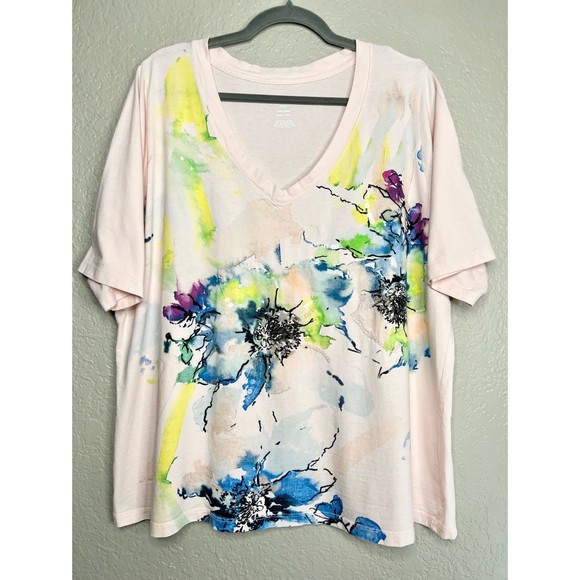 Lane Bryant Tops - Lane Bryant Peach Pink Floral Sequin Cotton T-Shirt GUC Womens Plus Size 22/24